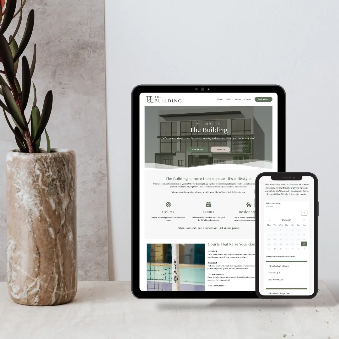The Building PH website featuring sports courts, events, residences, and online booking pages